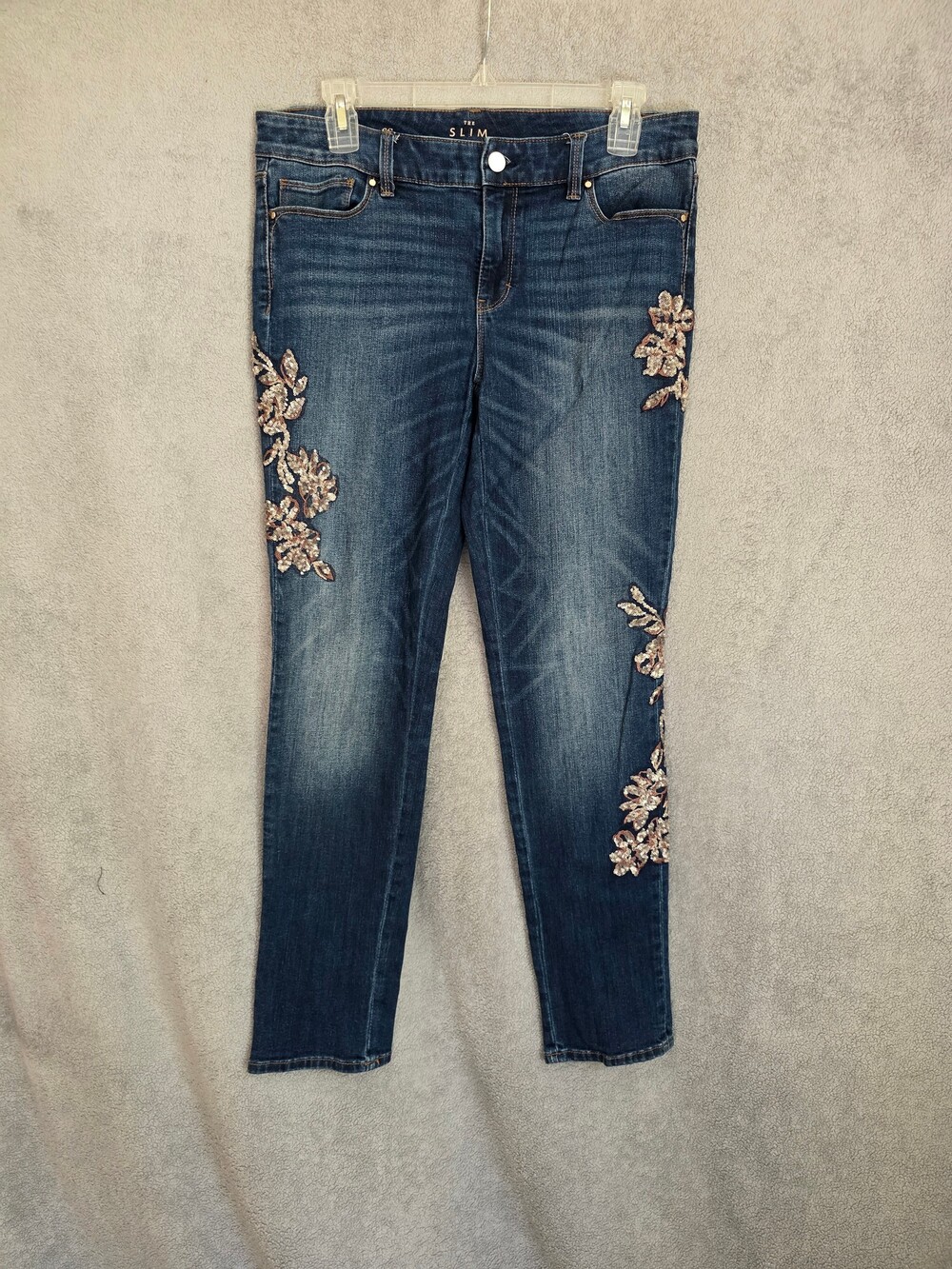 WHBM The Slim Jeans Size 6S Dark Wash Cotton Blend Floral Sequin Embroidery